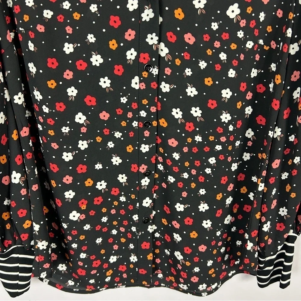 Cabi Floral Long Sleeves Striped Cuffs Button Down Blouse Small Black Red - Picture 5 of 13